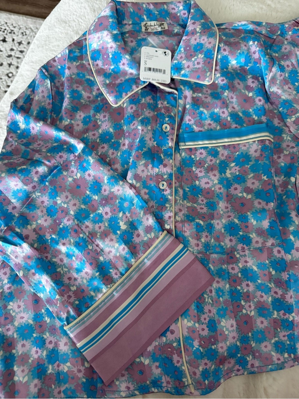 Free People Satin Floral Pajama Top - Blue & Purple
